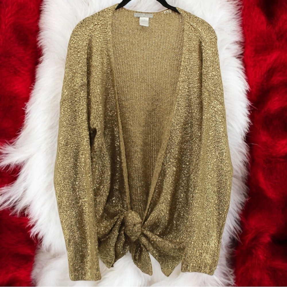 Alberto Makali Gold Shimmer Knit‎ Tie Front Long Sleeve Chic Cardigan Size L